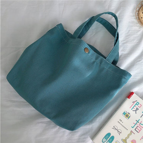 561 Solid Color Canvas Tote Bag Snap Button Small Handbag for Travel Shopping