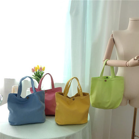 561 Solid Color Canvas Tote Bag Snap Button Small Handbag for Travel Shopping