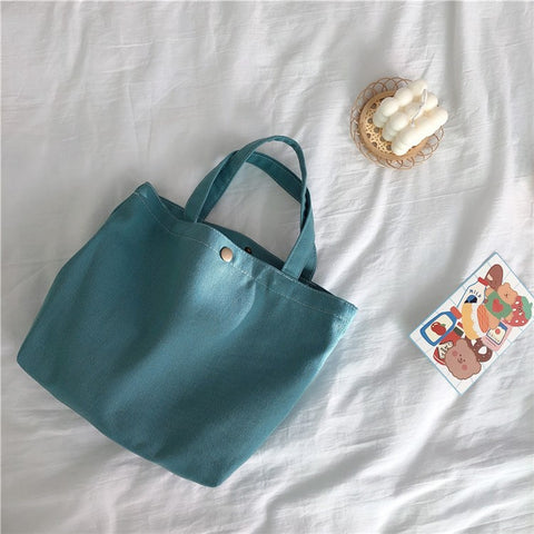 561 Solid Color Canvas Tote Bag Snap Button Small Handbag for Travel Shopping