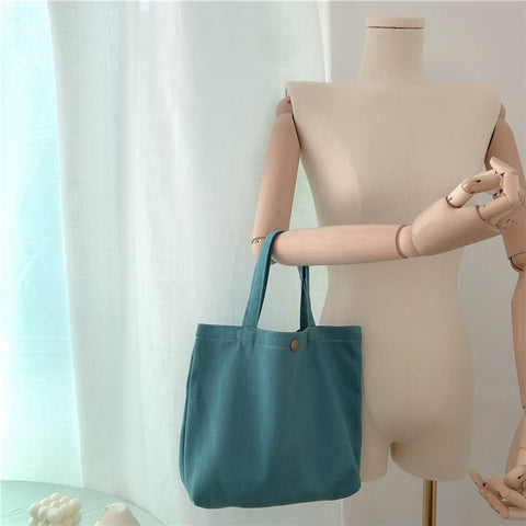 561 Solid Color Canvas Tote Bag Snap Button Small Handbag for Travel Shopping