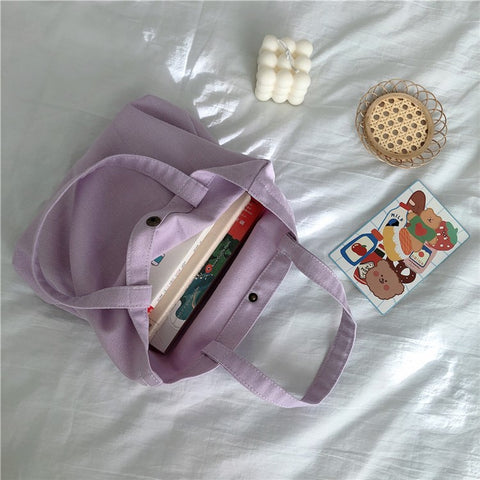 561 Solid Color Canvas Tote Bag Snap Button Small Handbag for Travel Shopping