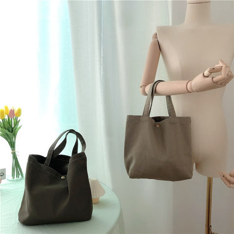 561 Solid Color Canvas Tote Bag Snap Button Small Handbag for Travel Shopping