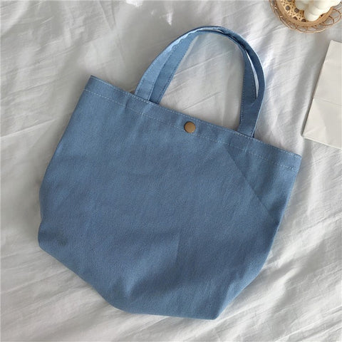 561 Solid Color Canvas Tote Bag Snap Button Small Handbag for Travel Shopping