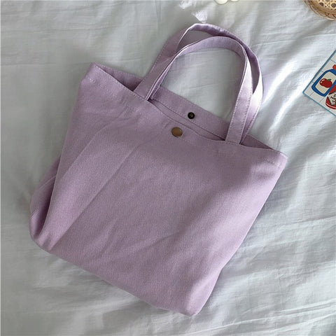 561 Solid Color Canvas Tote Bag Snap Button Small Handbag for Travel Shopping