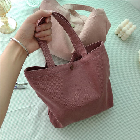 561 Solid Color Canvas Tote Bag Snap Button Small Handbag for Travel Shopping