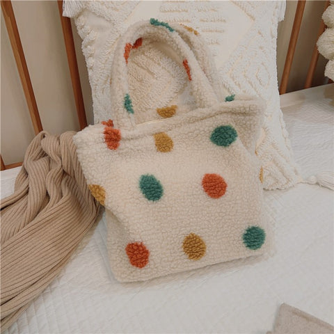 561 Vintage Polka Dot Fluffy Handbag Women Furry Tote Bag for Autumn and Winter