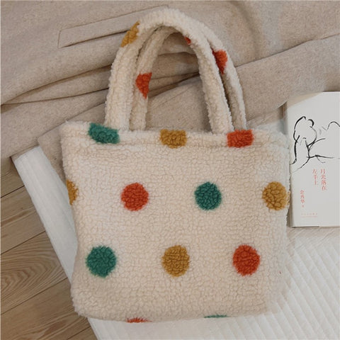561 Vintage Polka Dot Fluffy Handbag Women Furry Tote Bag for Autumn and Winter