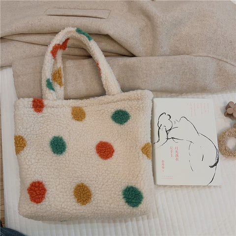 561 Vintage Polka Dot Fluffy Handbag Women Furry Tote Bag for Autumn and Winter