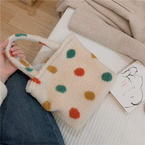 561 Vintage Polka Dot Fluffy Handbag Women Furry Tote Bag for Autumn and Winter