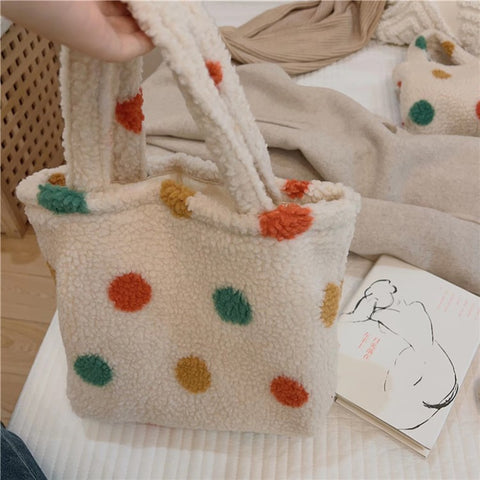 561 Vintage Polka Dot Fluffy Handbag Women Furry Tote Bag for Autumn and Winter