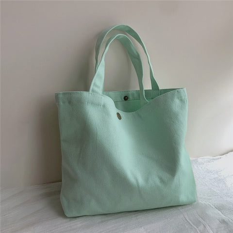 534 Solid Color Women Canvas Handbag Snap Button Simple Casual Tote Bag
