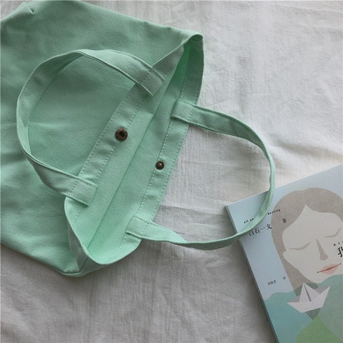 534 Solid Color Women Canvas Handbag Snap Button Simple Casual Tote Bag