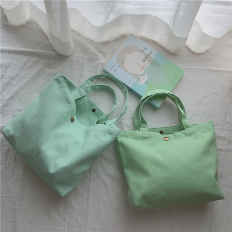 534 Solid Color Women Canvas Handbag Snap Button Simple Casual Tote Bag