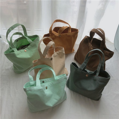 534 Solid Color Women Canvas Handbag Snap Button Simple Casual Tote Bag