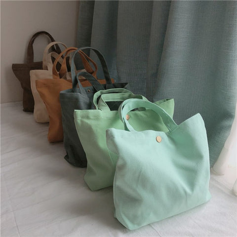 534 Solid Color Women Canvas Handbag Snap Button Simple Casual Tote Bag
