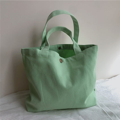 534 Solid Color Women Canvas Handbag Snap Button Simple Casual Tote Bag