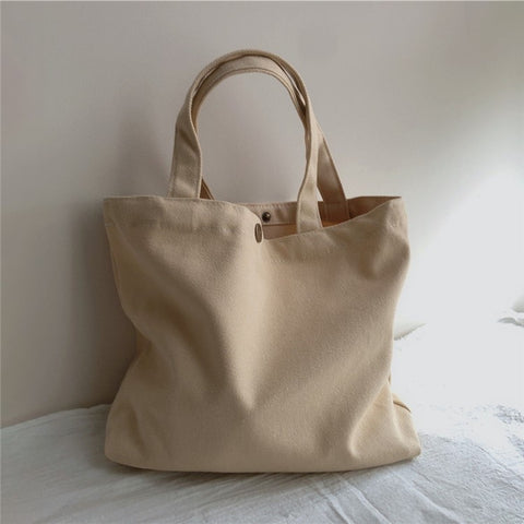 534 Solid Color Women Canvas Handbag Snap Button Simple Casual Tote Bag
