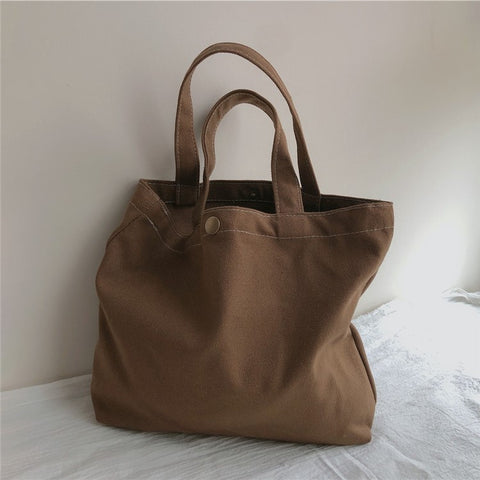 534 Solid Color Women Canvas Handbag Snap Button Simple Casual Tote Bag