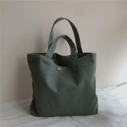 534 Solid Color Women Canvas Handbag Snap Button Simple Casual Tote Bag