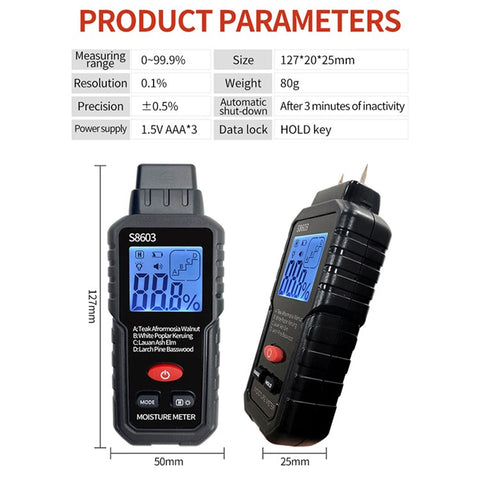 S8603 Digital Wood Moisture Meter Two Pins Wall Moisture Detector Paper Humidity Tester (No Battery)