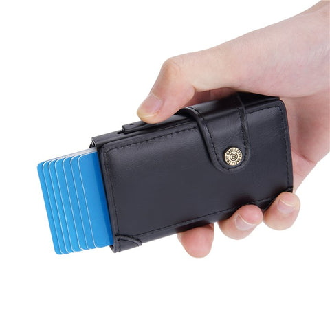 BAELLERRY K9211 Automatic Pop Up Card Case PU Leather Zinc Alloy RFID Blocking Card Holder