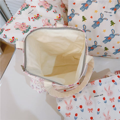 Cute Rabbit Printed Cotton Cloth Handbag Women Stylish Casual Tote Bag