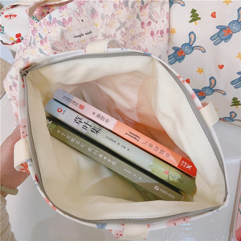 Cute Rabbit Printed Cotton Cloth Handbag Women Stylish Casual Tote Bag