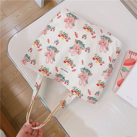 Cute Rabbit Printed Cotton Cloth Handbag Women Stylish Casual Tote Bag