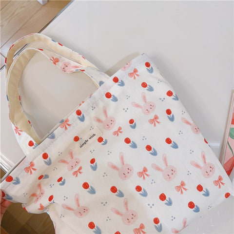 Cute Rabbit Printed Cotton Cloth Handbag Women Stylish Casual Tote Bag