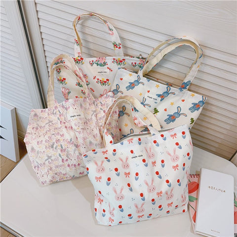Cute Rabbit Printed Cotton Cloth Handbag Women Stylish Casual Tote Bag