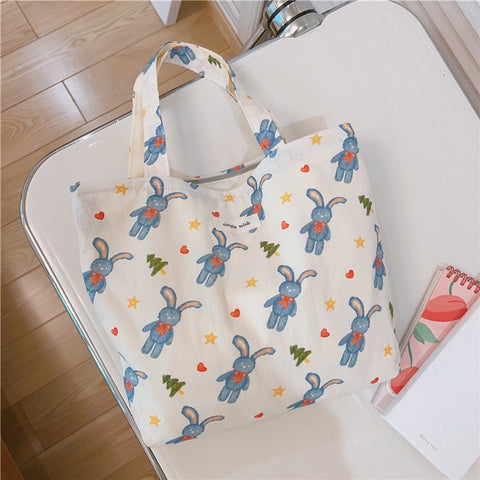 Cute Rabbit Printed Cotton Cloth Handbag Women Stylish Casual Tote Bag