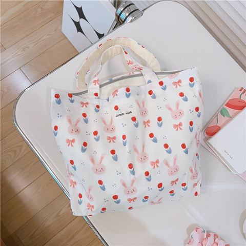 Cute Rabbit Printed Cotton Cloth Handbag Women Stylish Casual Tote Bag