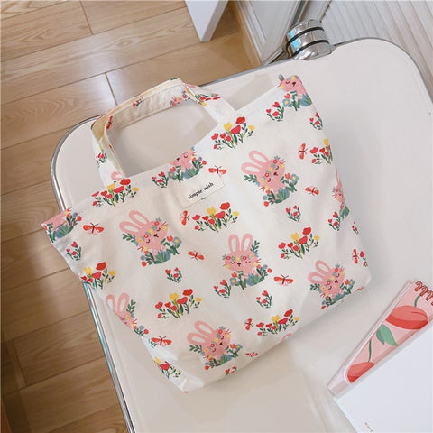 Cute Rabbit Printed Cotton Cloth Handbag Women Stylish Casual Tote Bag
