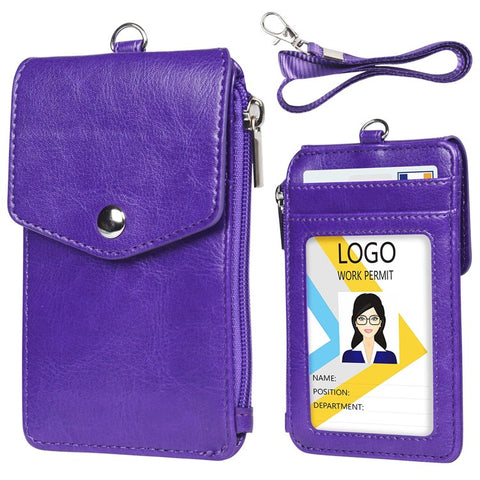 Zipper Pocket Design PU Leather Card Bag ID Bus Card Holder with Neck Strap