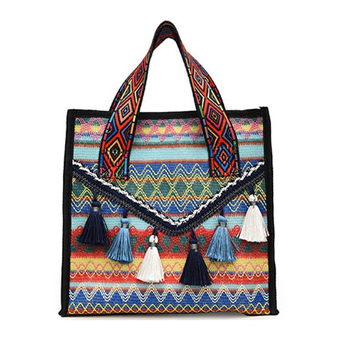 Large Knitted Fabric Hand Bag Women Teen Girl Ethnic Style Handbag with Tassel Decoration
