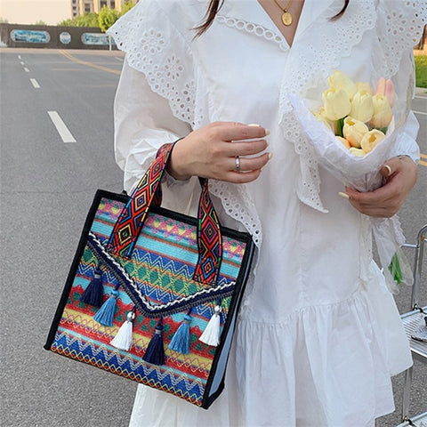 Large Knitted Fabric Hand Bag Women Teen Girl Ethnic Style Handbag with Tassel Decoration