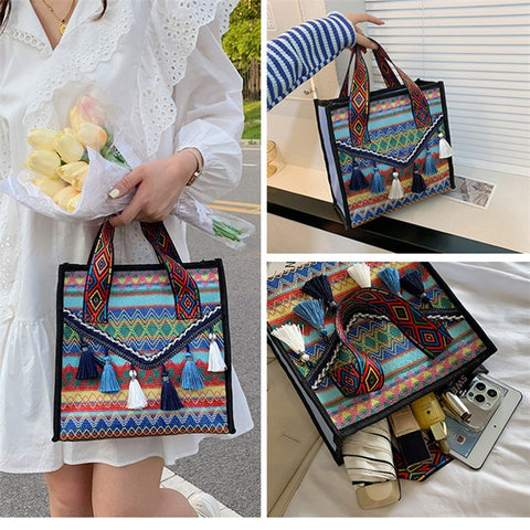 Large Knitted Fabric Hand Bag Women Teen Girl Ethnic Style Handbag with Tassel Decoration