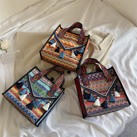Large Knitted Fabric Hand Bag Women Teen Girl Ethnic Style Handbag with Tassel Decoration