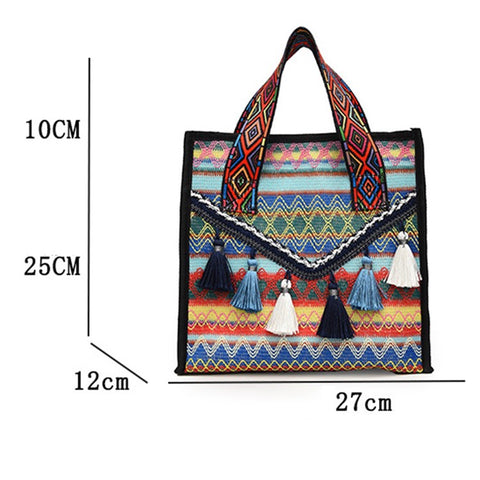 Large Knitted Fabric Hand Bag Women Teen Girl Ethnic Style Handbag with Tassel Decoration