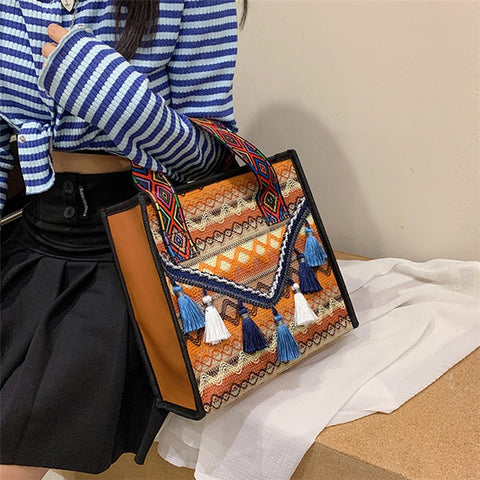 Large Knitted Fabric Hand Bag Women Teen Girl Ethnic Style Handbag with Tassel Decoration