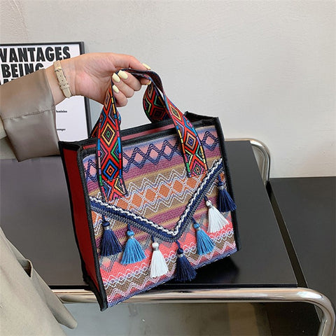 Large Knitted Fabric Hand Bag Women Teen Girl Ethnic Style Handbag with Tassel Decoration