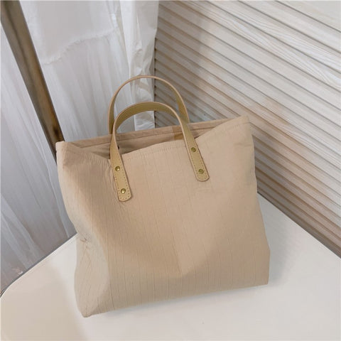Simple Style Handbag Shopping Tote Bag Large Capacity Cotton+Spandex+PU Leather Travel Storage Hand Bag