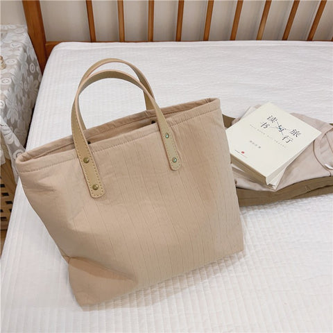 Simple Style Handbag Shopping Tote Bag Large Capacity Cotton+Spandex+PU Leather Travel Storage Hand Bag