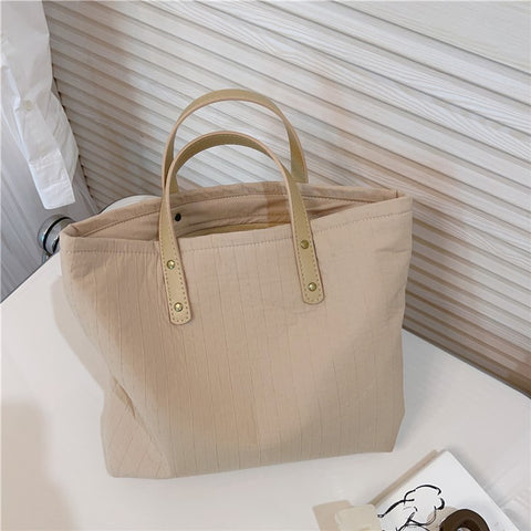 Simple Style Handbag Shopping Tote Bag Large Capacity Cotton+Spandex+PU Leather Travel Storage Hand Bag