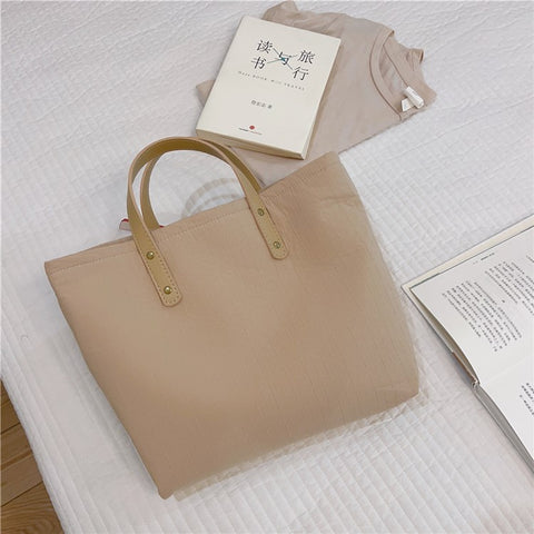 Simple Style Handbag Shopping Tote Bag Large Capacity Cotton+Spandex+PU Leather Travel Storage Hand Bag