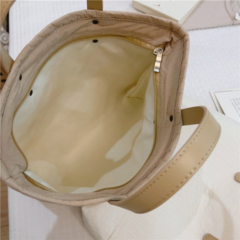 Simple Style Handbag Shopping Tote Bag Large Capacity Cotton+Spandex+PU Leather Travel Storage Hand Bag