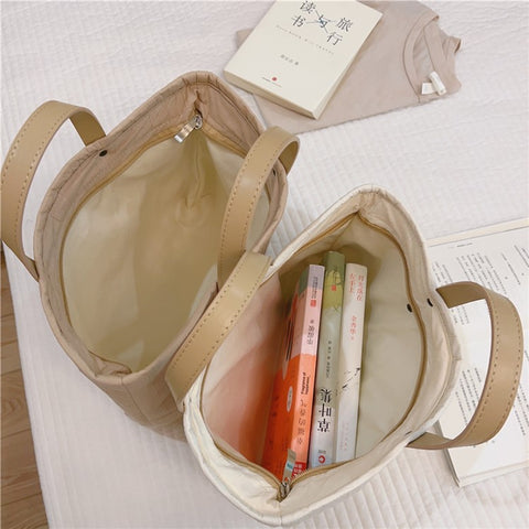 Simple Style Handbag Shopping Tote Bag Large Capacity Cotton+Spandex+PU Leather Travel Storage Hand Bag
