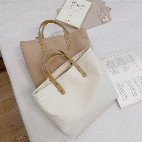 Simple Style Handbag Shopping Tote Bag Large Capacity Cotton+Spandex+PU Leather Travel Storage Hand Bag