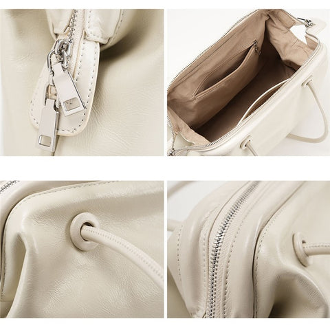 9665 Women Tote Underarm Bag Cowhide Leather Large Capacity Zipper Travel Handbag