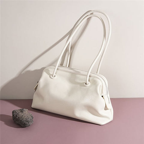 9665 Women Tote Underarm Bag Cowhide Leather Large Capacity Zipper Travel Handbag